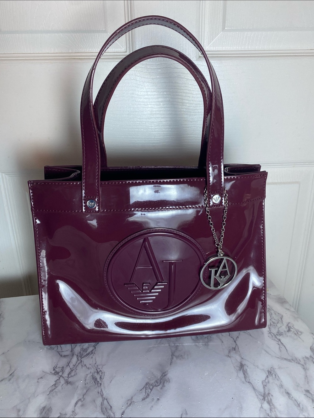Armani Plum Burgundy Patent Leather Tote with Logo Charm Purse Pocketbook